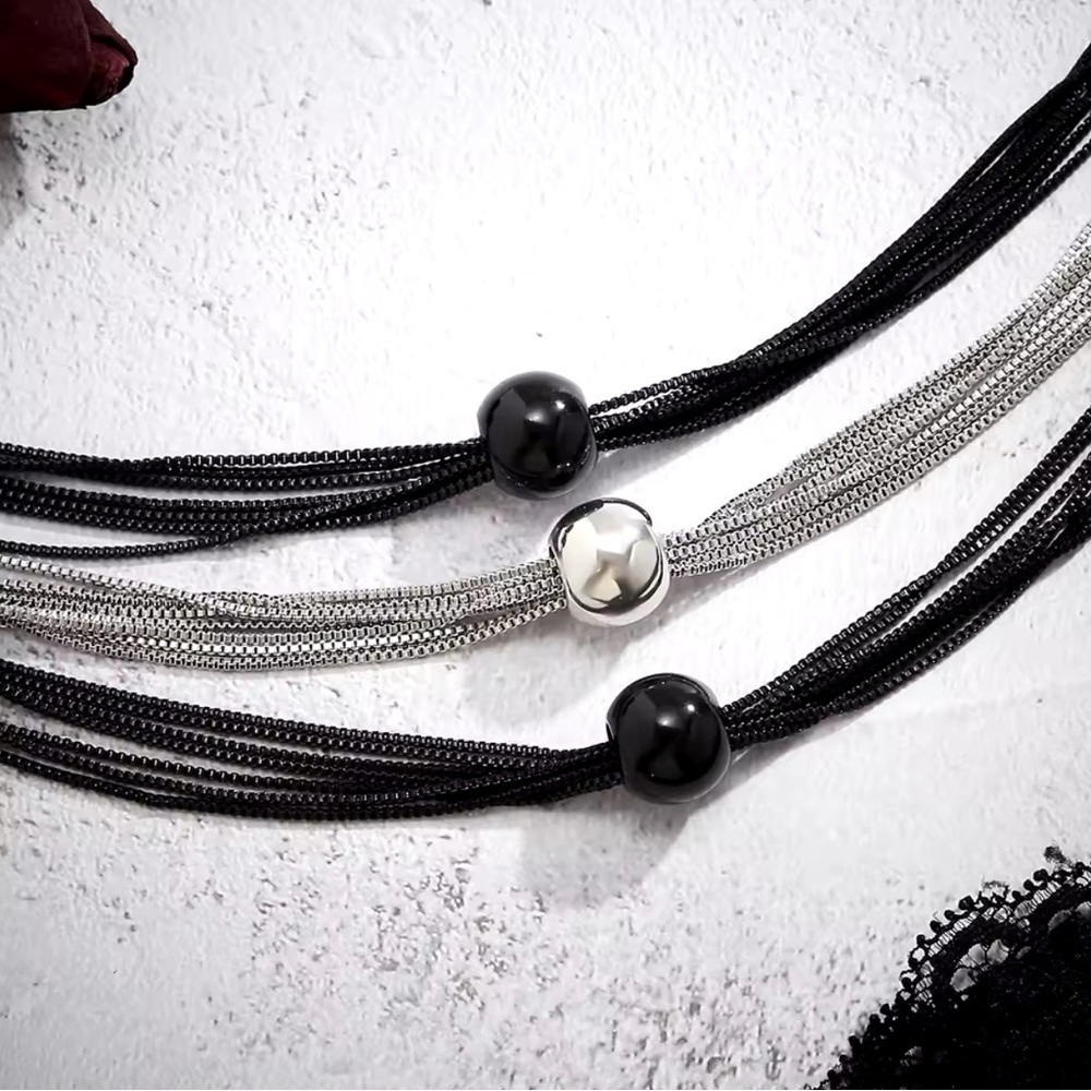 18K Black & White Gold Rhodium Plated Chunky Thick Layered Chain Beads Necklace - Picture 6 of 8